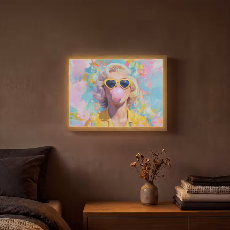 Vrouw - Blond - Roze kauwgom - Kleurrijk - Pastel Light Box met batterij (Wandlamp) middel -sfeer4