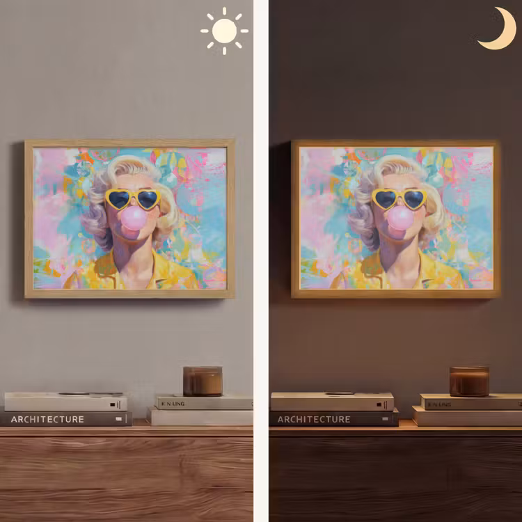 Vrouw - Blond - Roze kauwgom - Kleurrijk - Pastel Light Box met batterij (Wandlamp) middel -sfeer3