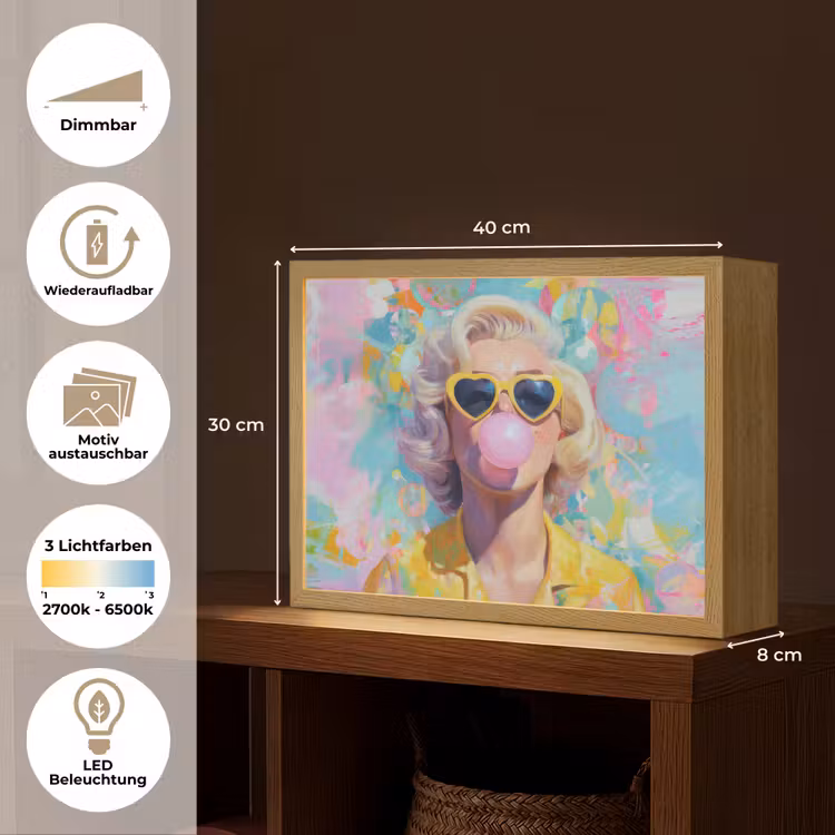 Vrouw - Blond - Roze kauwgom - Kleurrijk - Pastel Light Box met batterij (Wandlamp) middel -USP_websiteoverzichtDE