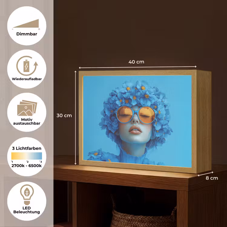 Vrouw - Bloem - Blauw - Modern - Bril - Portret Light Box met batterij (Wandlamp) middel -USP_websiteoverzichtDE