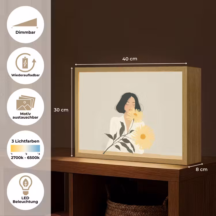 Vrouw - Bloem - Geel - Minimalistisch Light Box met batterij (Wandlamp) middel -USP_websiteoverzichtDE