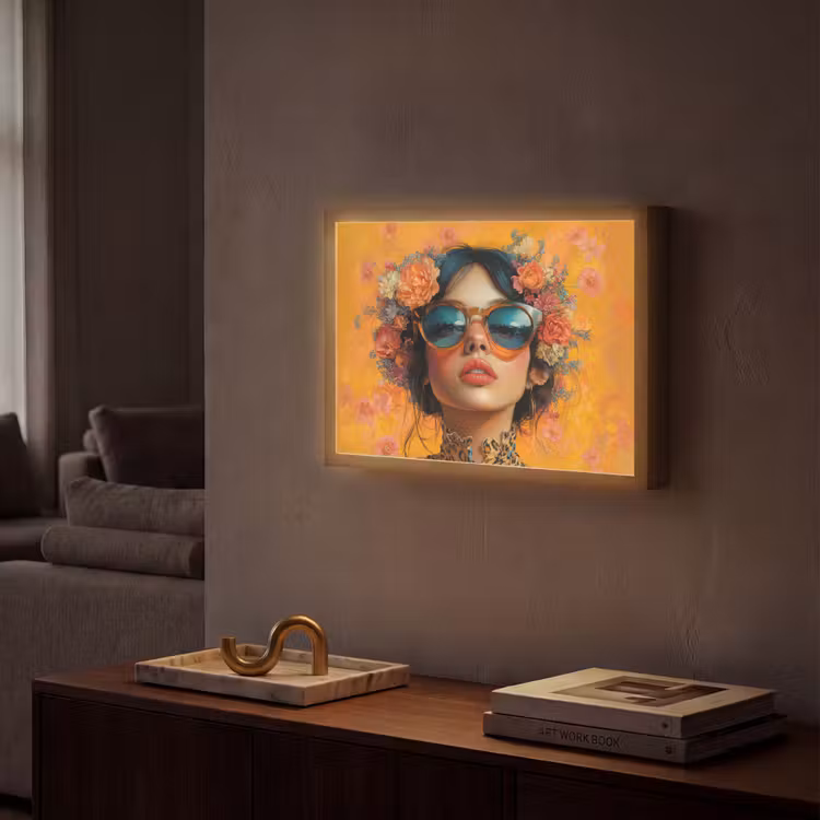 Vrouw - Bloemen - Aesthetic - Oranje Light Box met batterij (Wandlamp) middel -sfeer1