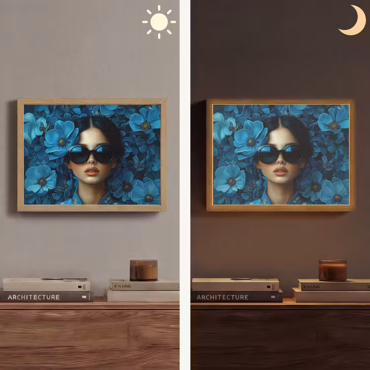 Vrouw - Bloemen - Blauw - Aesthetic - Luxe Light Box met batterij (Wandlamp) middel -sfeer3