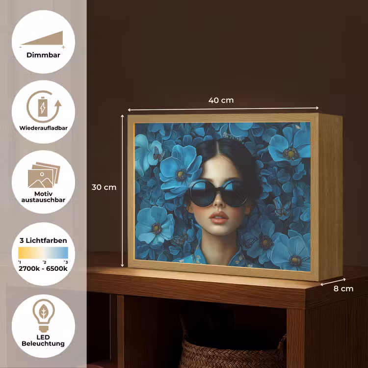 Vrouw - Bloemen - Blauw - Aesthetic - Luxe Light Box met batterij (Wandlamp) middel -USP_websiteoverzichtDE
