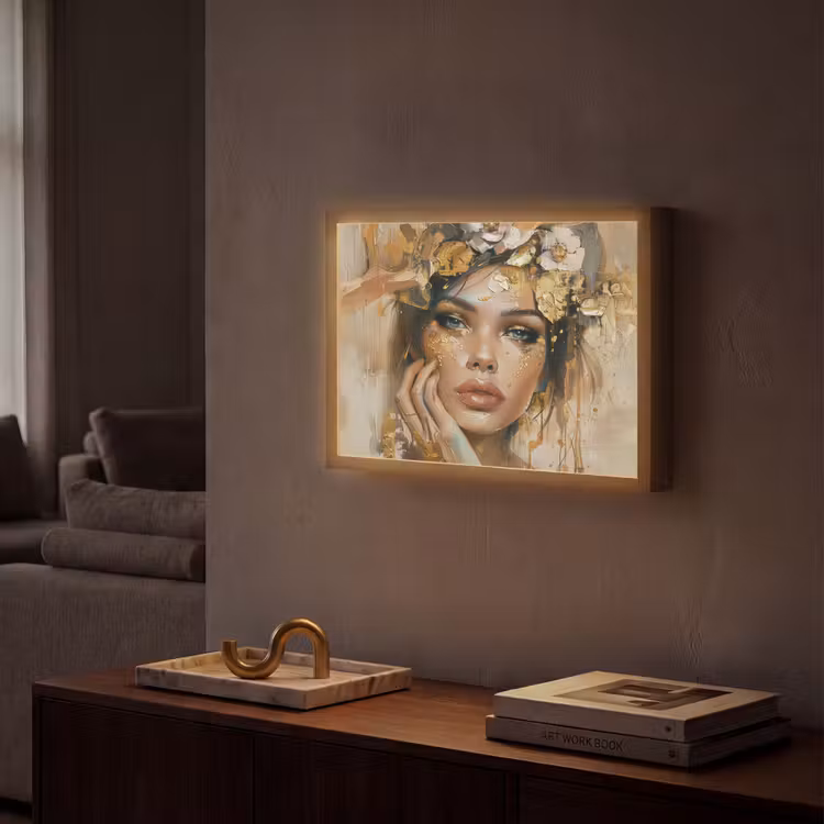 Vrouw - Bloemen - Goud - Portret Light Box met batterij (Wandlamp) middel -sfeer1