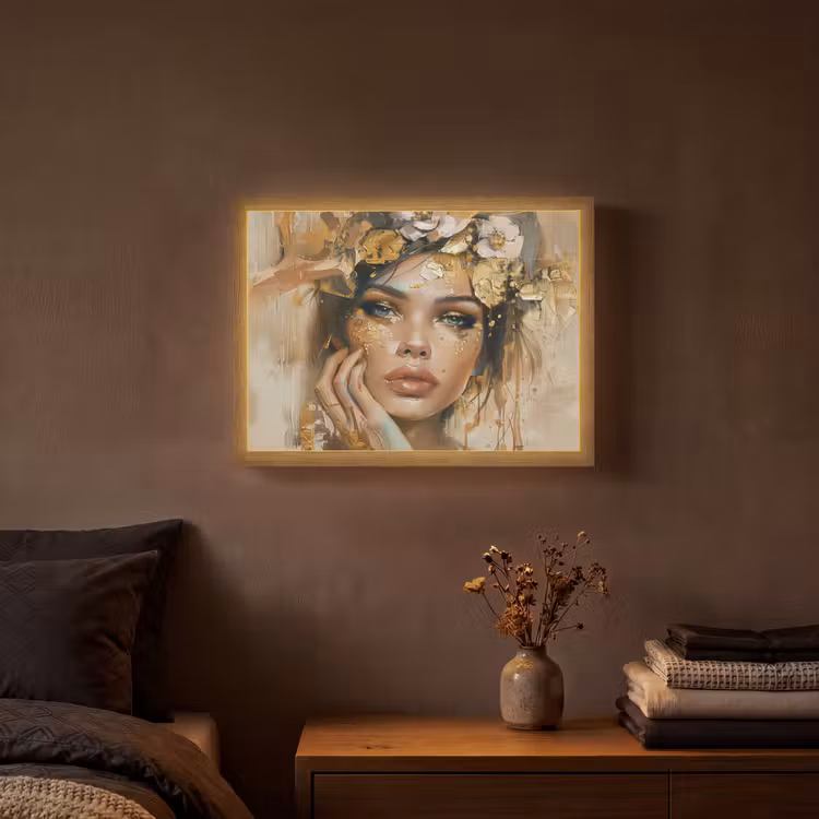 Vrouw - Bloemen - Goud - Portret Light Box met batterij (Wandlamp) middel -sfeer4