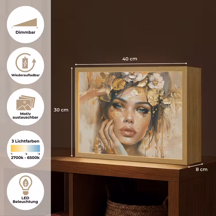 Vrouw - Bloemen - Goud - Portret Light Box met batterij (Wandlamp) middel -USP_websiteoverzichtDE