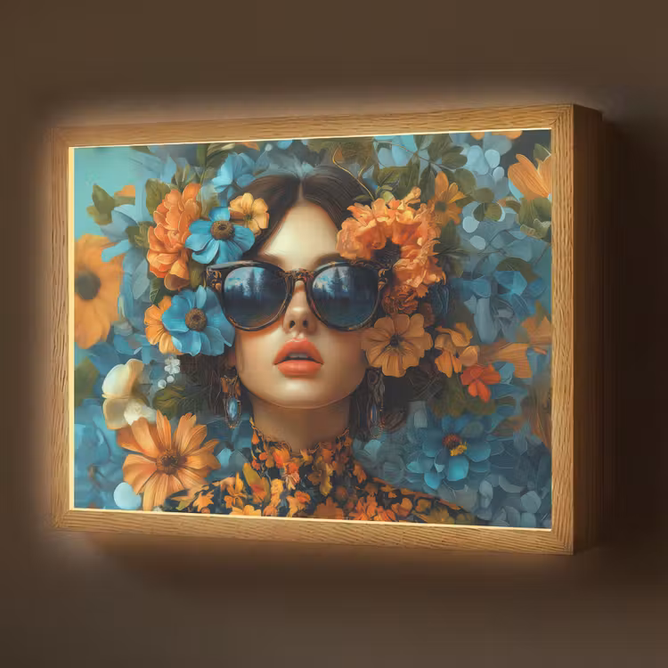Vrouw - Bloemen - Oranje - Blauw - Modern Light Box met batterij (Wandlamp) middel -z3d_website