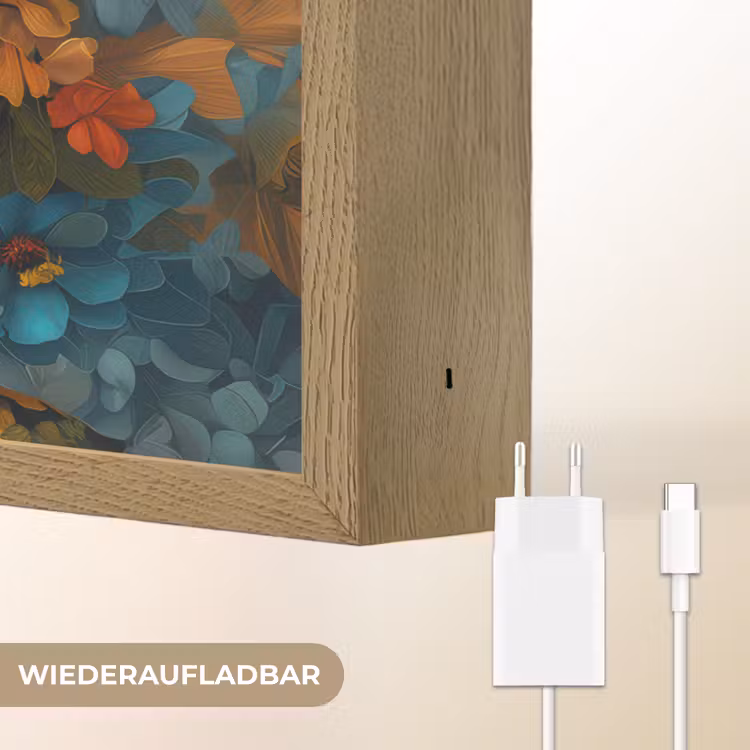 Vrouw - Bloemen - Oranje - Blauw - Modern Light Box met batterij (Wandlamp) middel -USP_websiteoplaadbaarDE