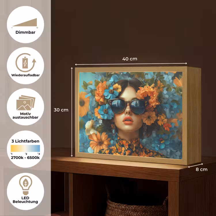 Vrouw - Bloemen - Oranje - Blauw - Modern Light Box met batterij (Wandlamp) middel -USP_websiteoverzichtDE