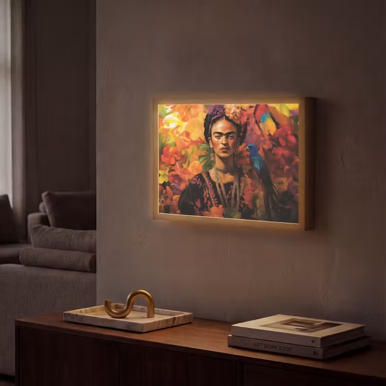 Vrouw - Bloemen - Papegaai - Schilderachtig Light Box met batterij (Wandlamp) middel -sfeer1