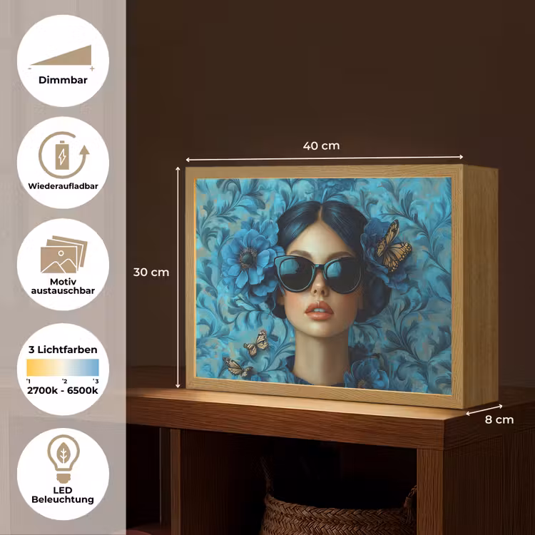 Vrouw - Bloemen - Vlinders - Blauw - Abstract Light Box met batterij (Wandlamp) middel -USP_websiteoverzichtDE