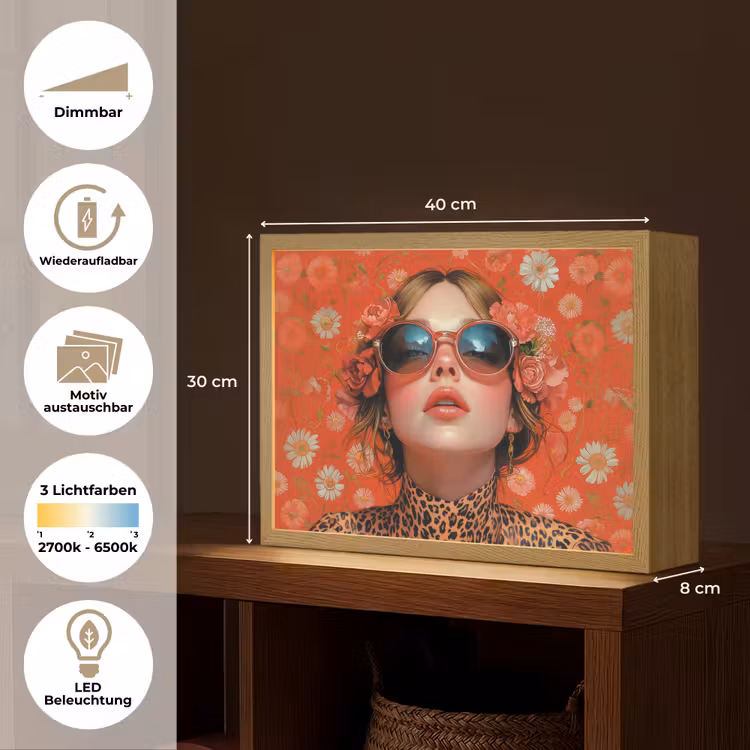 Vrouw - Kleurrijk - Dierenprint - Bloemen Light Box met batterij (Wandlamp) middel -USP_websiteoverzichtDE