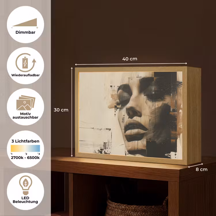Vrouw - Gezicht - Abstract - Kunst Light Box met batterij (Wandlamp) middel -USP_websiteoverzichtDE