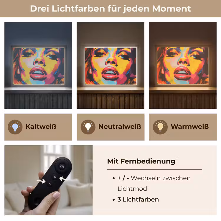 Vrouw - Gezicht - Kleurrijk Light Box met batterij (Wandlamp) middel -USP_lichtkleurDE