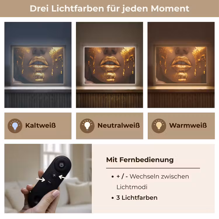 Vrouw - Goud - Gezicht - Verf - Lippen Light Box met batterij (Wandlamp) middel -USP_lichtkleurDE