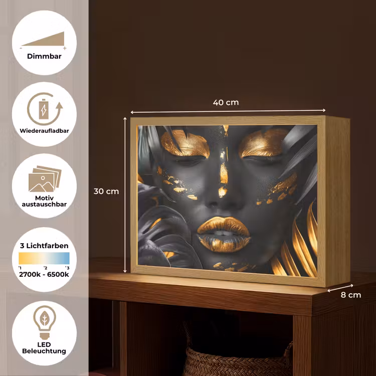 Vrouw - Goud - Natuur - Portret - Modern Light Box met batterij (Wandlamp) middel -USP_websiteoverzichtDE