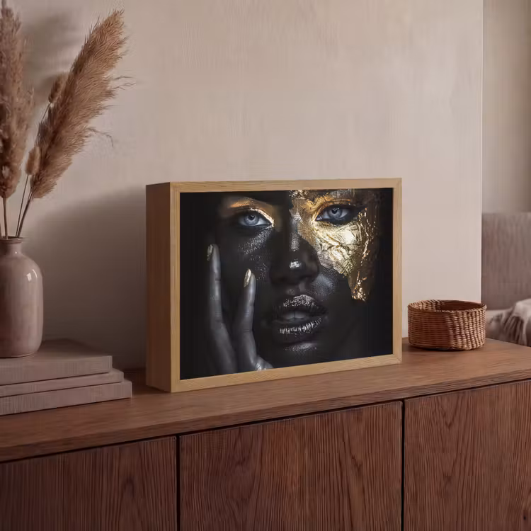 Vrouw - Goud - Portret - Modern - Zwart - Abstract Light Box met batterij (Wandlamp) middel -sfeer2
