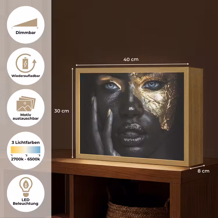 Vrouw - Goud - Portret - Modern - Zwart - Abstract Light Box met batterij (Wandlamp) middel -USP_websiteoverzichtDE
