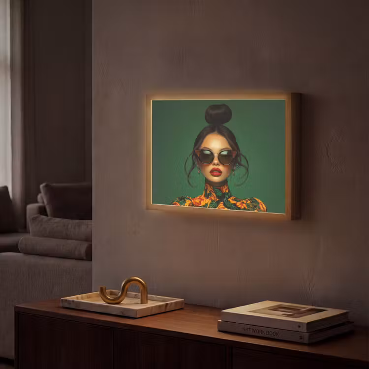 Vrouw - Groen - Modern - Bril - Abstract Light Box met batterij (Wandlamp) middel -sfeer1