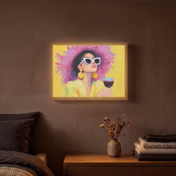 Vrouw - Hoed - Paars - Wijn Light Box met batterij (Wandlamp) middel -sfeer4