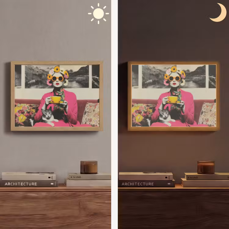 Vrouw - Kat - Bloemen - Kopje - Retro Light Box met batterij (Wandlamp) middel -sfeer3