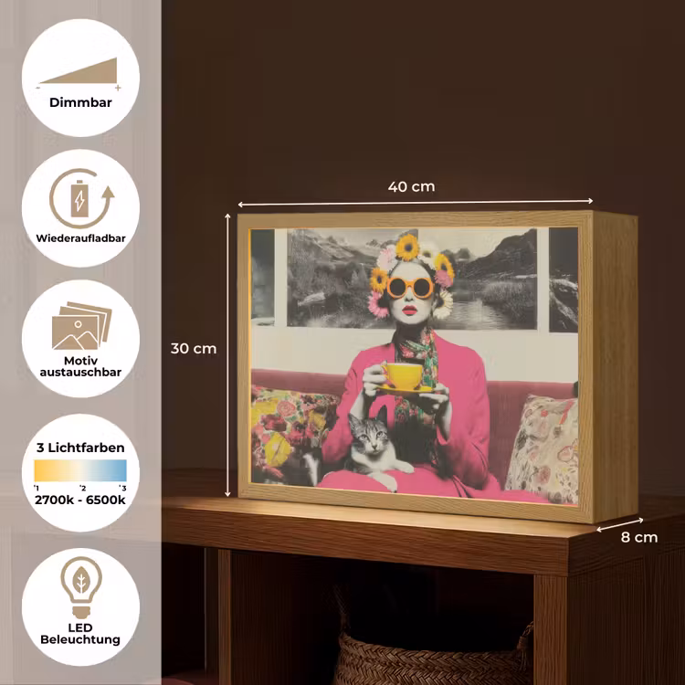 Vrouw - Kat - Bloemen - Kopje - Retro Light Box met batterij (Wandlamp) middel -USP_websiteoverzichtDE