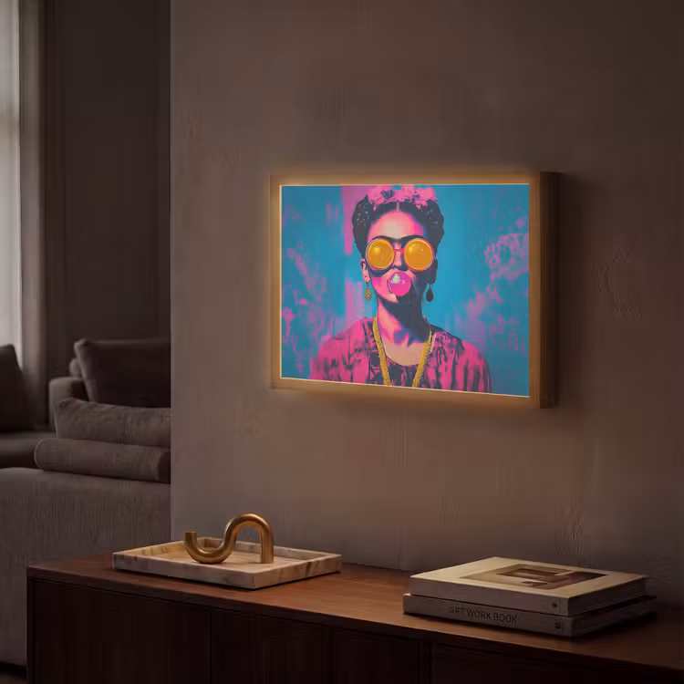 Vrouw - Kauwgom - Zonnebril - Oranje Light Box met batterij (Wandlamp) middel -sfeer1