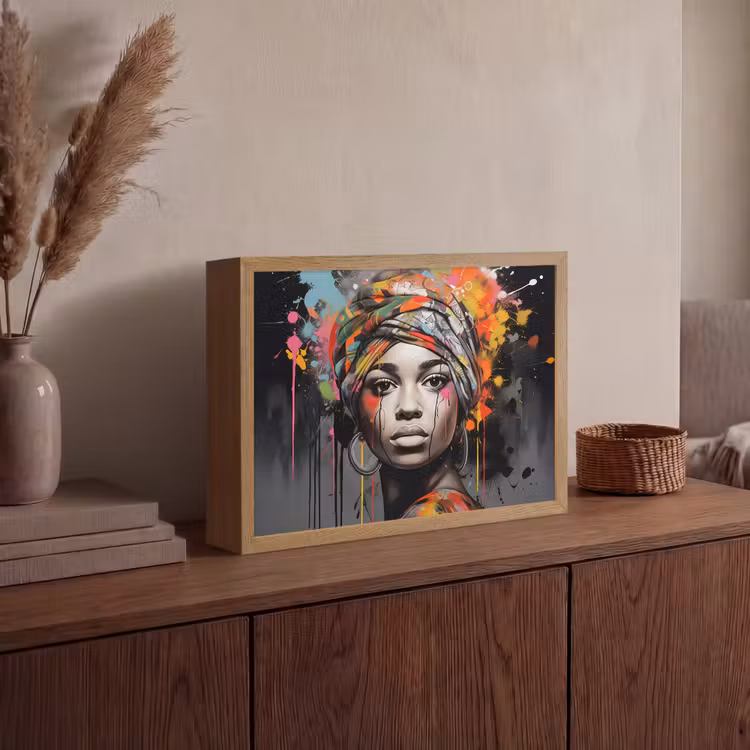 Vrouw - Hoofddoek - Graffiti - Zwart Light Box met batterij (Wandlamp) middel -sfeer2