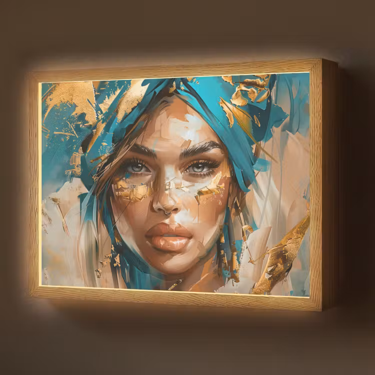 Vrouw - Portret - Goud - Luxe - Blauw Light Box met batterij (Wandlamp) middel -z3d_website