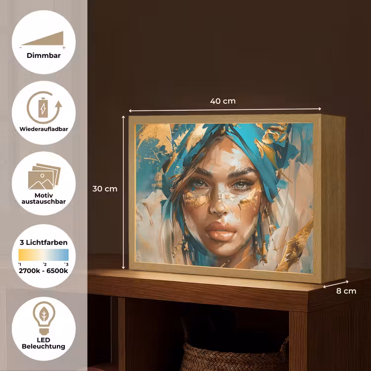 Vrouw - Portret - Goud - Luxe - Blauw Light Box met batterij (Wandlamp) middel -USP_websiteoverzichtDE
