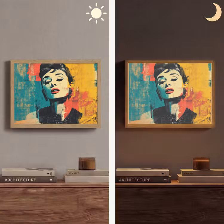 Vrouw - Rode lippen - Expressief - Grafisch Light Box met batterij (Wandlamp) middel -sfeer3