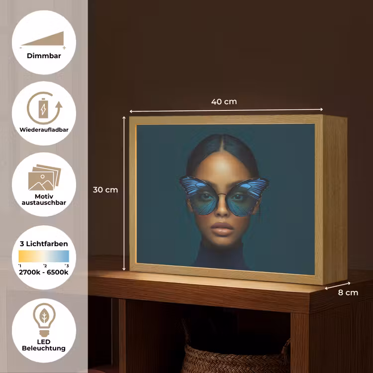 Vrouw - Vlinder - Bril - Blauw - Modern - Portret Light Box met batterij (Wandlamp) middel -USP_websiteoverzichtDE
