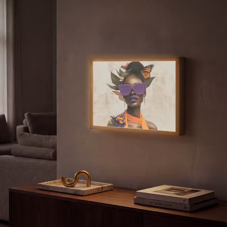 Vrouw - Zonnebril - Vlinder - Bloemen Light Box met batterij (Wandlamp) middel -sfeer1