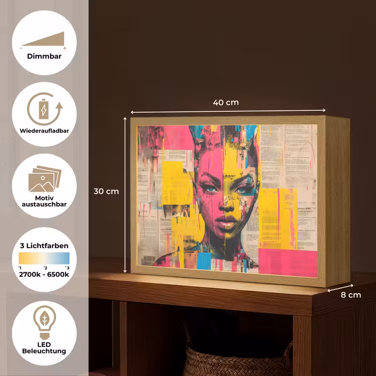 Vrouwengezicht - Krantenpapier - Abstract - Roze Light Box met batterij (Wandlamp) middel -USP_websiteoverzichtDE