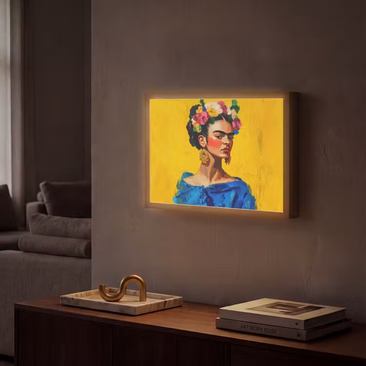 Frida Kahlo - Vrouw - Geel - Blauw - Bloemen Light Box met batterij (Wandlamp) middel -sfeer1