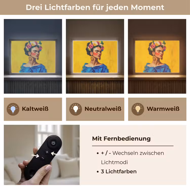 Frida Kahlo - Vrouw - Geel - Blauw - Bloemen Light Box met batterij (Wandlamp) middel -USP_lichtkleurDE