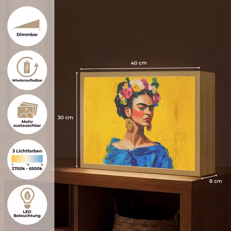 Frida Kahlo - Vrouw - Geel - Blauw - Bloemen Light Box met batterij (Wandlamp) middel -USP_websiteoverzichtDE