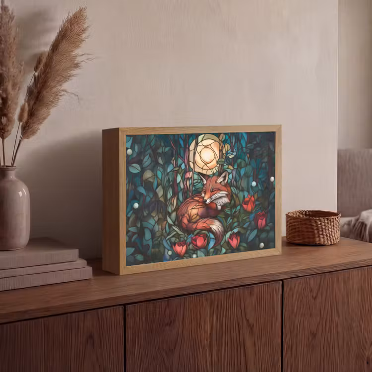 Vos - Mozaïek - Bos - Maan Light Box met batterij (Wandlamp) middel -sfeer2