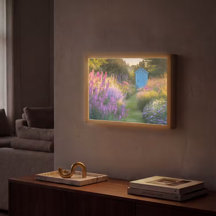 Tuinhuisje - Blauw - Bloemen Light Box met batterij (Wandlamp) middel -sfeer1