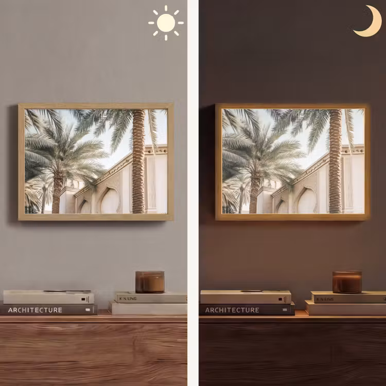 Gebouw - Palmbomen - Beige - Zon Light Box met batterij (Wandlamp) middel -sfeer3