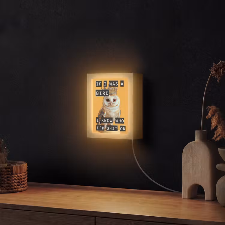 Geel - Uil - Vogel - Decoratie Light Box met kabel (Wandlamp) klein -sfeer1