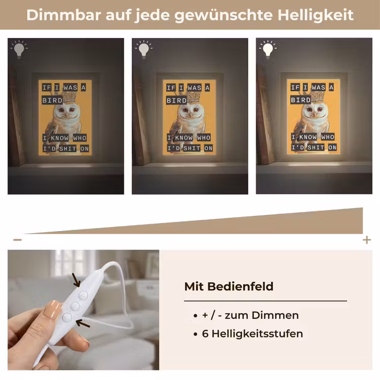 Geel - Uil - Vogel - Decoratie Light Box met kabel (Wandlamp) klein -USP_dimbaarDE