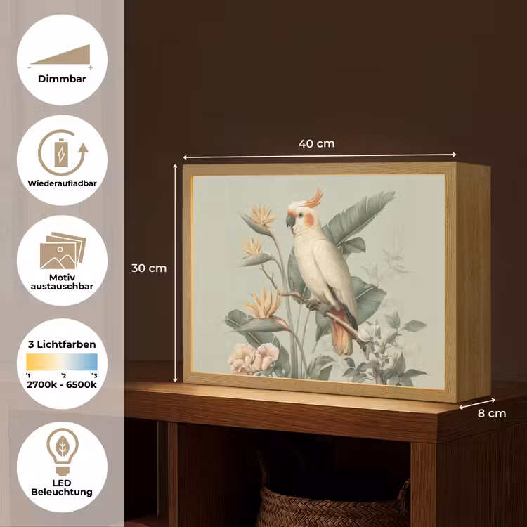 Gele kuifkaketoe - paradijsvogelbloemen - Groen Light Box met batterij (Wandlamp) middel -USP_websiteoverzichtDE