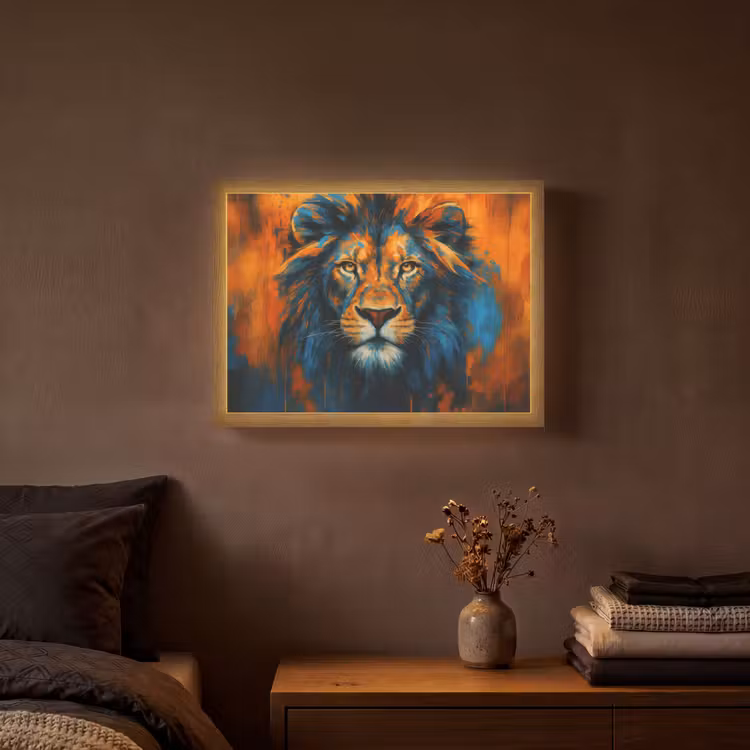 Schilderij - Leeuwenkop - Oranje Light Box met batterij (Wandlamp) middel -sfeer4