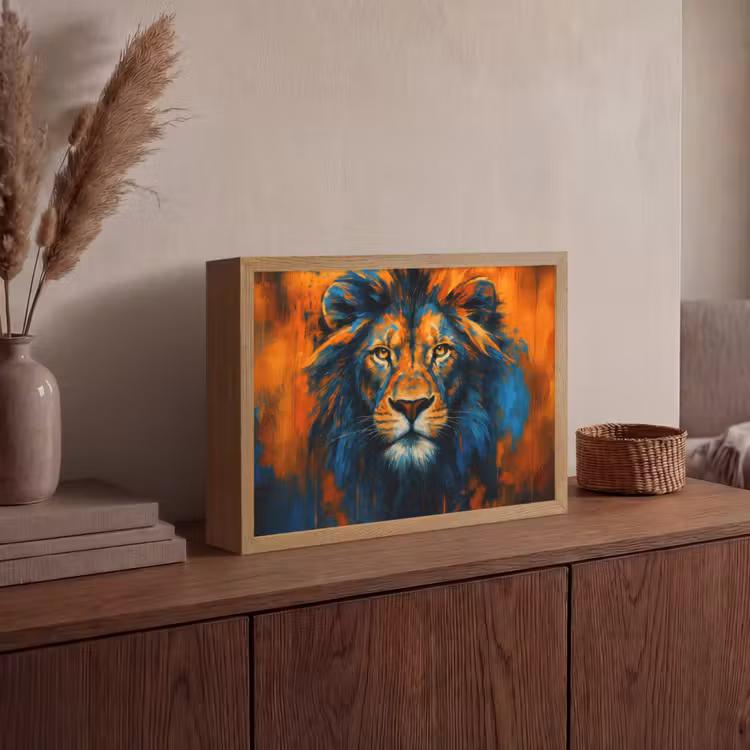Schilderij - Leeuwenkop - Oranje Light Box met batterij (Wandlamp) middel -sfeer2