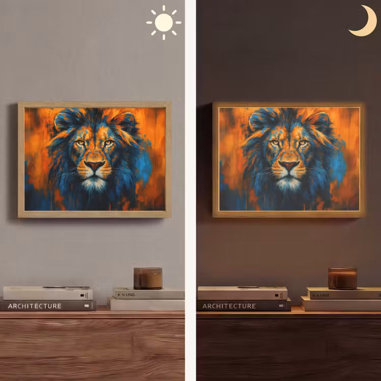 Schilderij - Leeuwenkop - Oranje Light Box met batterij (Wandlamp) middel -sfeer3