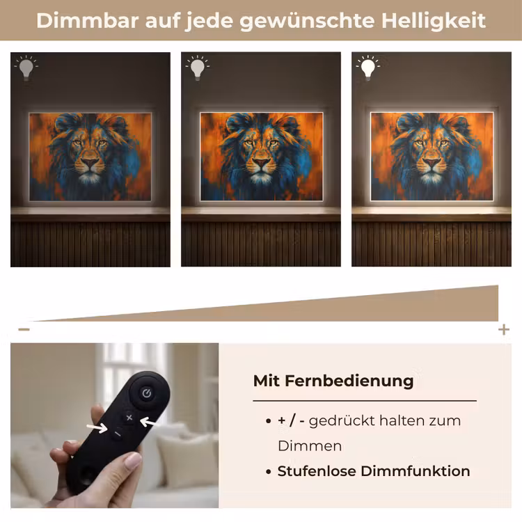 Schilderij - Leeuwenkop - Oranje Light Box met batterij (Wandlamp) middel -USP_dimbaarDE
