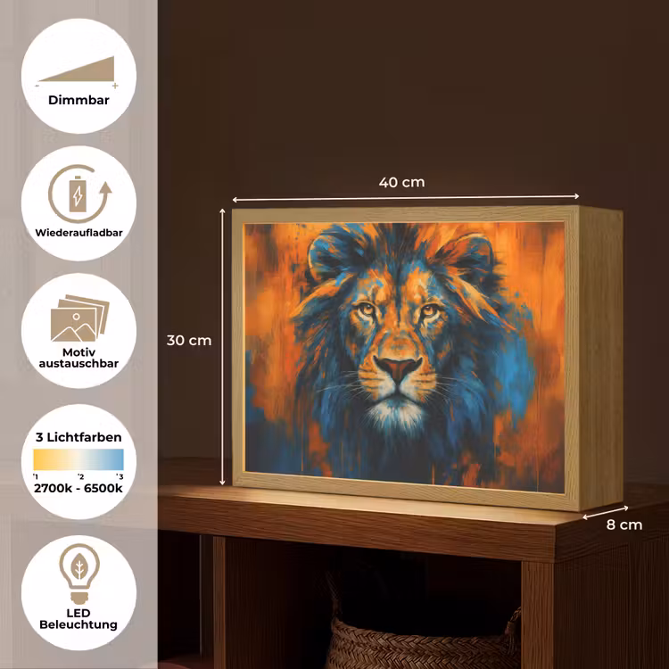Schilderij - Leeuwenkop - Oranje Light Box met batterij (Wandlamp) middel -USP_websiteoverzichtDE
