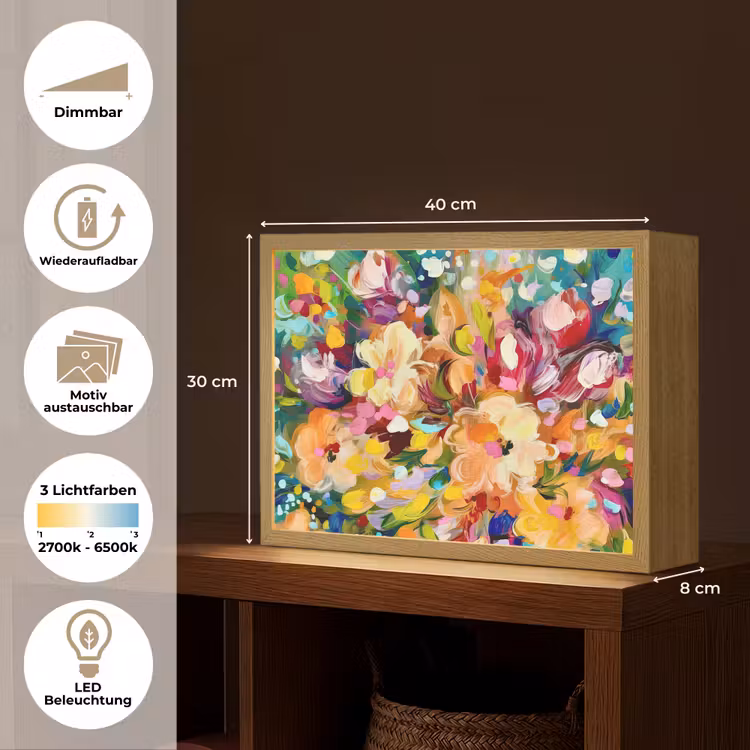 Schilderij - Olieverf - Bloemen - Regenboog Light Box met batterij (Wandlamp) middel -USP_websiteoverzichtDE